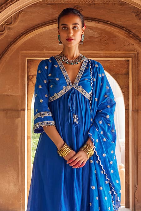 Seema Nanda Blue Chanderi Silk Embroidered Sarah Dori Yoke Anarkali Pant Set Online at Aza Fashions Seema Nanda_Blue Chanderi Silk Embroidered Sarah Dori Yoke Anarkali Pant Set _Online_at_Aza_Fashions