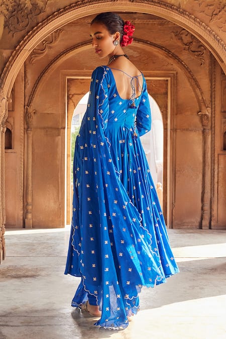 Shop Seema Nanda Blue Cotton Mul Embroidered Shifa Floral Dori Anarkali Churidar Set at Aza Fashions Shop_Seema Nanda_Blue Cotton Mul Embroidered Shifa Floral Dori Anarkali Churidar Set _at_Aza_Fashions