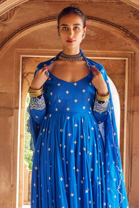 Seema Nanda Blue Cotton Mul Embroidered Shifa Floral Dori Anarkali Churidar Set Online at Aza Fashions Seema Nanda_Blue Cotton Mul Embroidered Shifa Floral Dori Anarkali Churidar Set _Online_at_Aza_Fashions