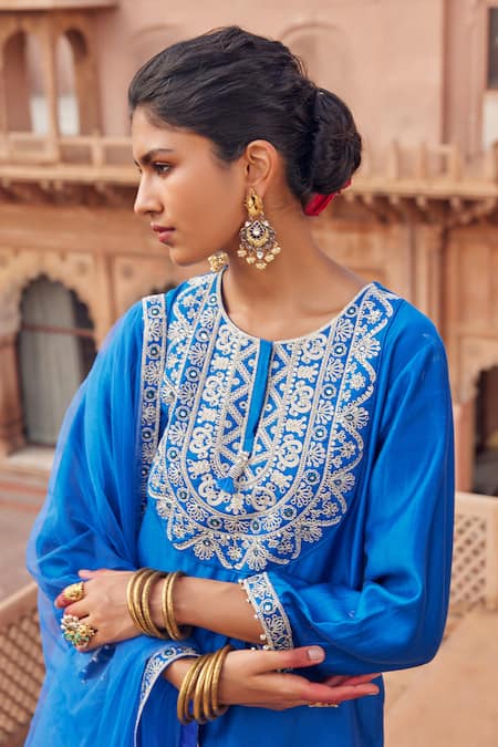 Seema Nanda Blue Chanderi Silk Embroidered Sequin Taara Dori Yoke Kurta Pant Set Online at Aza Fashions Seema Nanda_Blue Chanderi Silk Embroidered Sequin Taara Dori Yoke Kurta Pant Set _Online_at_Aza_Fashions
