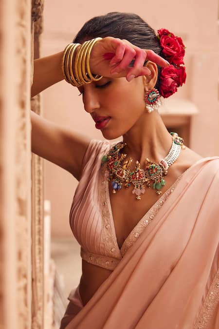 Seema Nanda_Pink Chanderi Zabeen Pre-draped Ruffle Saree With Pintucked Blouse  _Online_at_Aza_Fashions