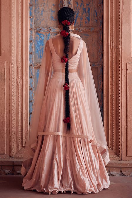 Shop Seema Nanda Pink Tulle, Cotton Sequins, Embroidery V-neck Parkha Thread Lehenga Set at Aza Fashions Shop_Seema Nanda_Pink Tulle, Cotton Sequins, Embroidery V-neck Parkha Thread Lehenga Set _at_Aza_Fashions