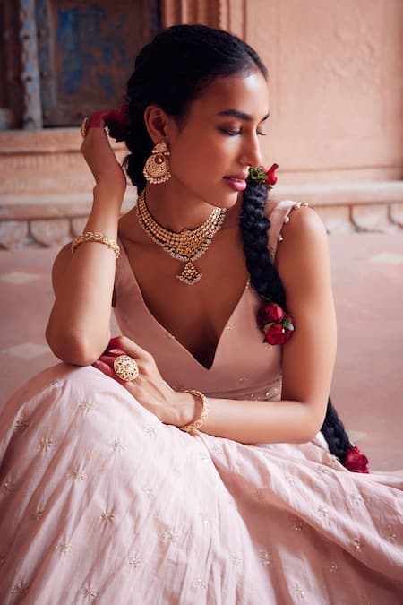 Seema Nanda Pink Tulle, Cotton Sequins, Embroidery V-neck Parkha Thread Lehenga Set Online at Aza Fashions Seema Nanda_Pink Tulle, Cotton Sequins, Embroidery V-neck Parkha Thread Lehenga Set _Online_at_Aza_Fashions