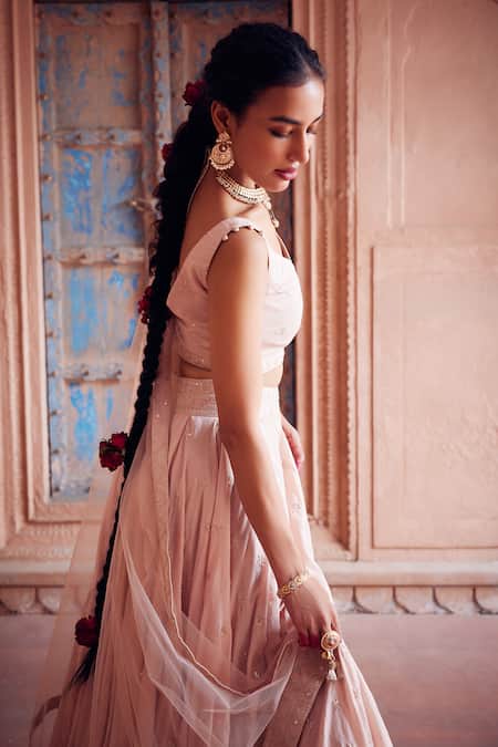 Buy Seema Nanda Pink Tulle, Cotton Sequins, Embroidery V-neck Parkha Thread Lehenga Set Online at Aza Fashions Buy_Seema Nanda_Pink Tulle, Cotton Sequins, Embroidery V-neck Parkha Thread Lehenga Set _Online_at_Aza_Fashions