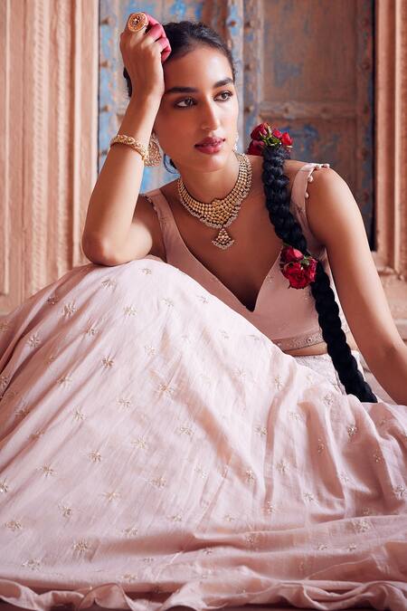 Shop Seema Nanda Pink Tulle, Cotton Sequins, Embroidery V-neck Parkha Thread Lehenga Set Online at Aza Fashions Shop_Seema Nanda_Pink Tulle, Cotton Sequins, Embroidery V-neck Parkha Thread Lehenga Set _Online_at_Aza_Fashions