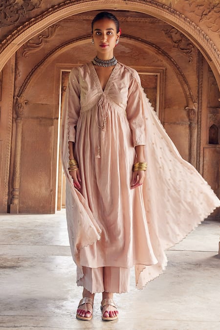 Seema Nanda Pink Chanderi Silk Embroidered Laiqa Floral Thread Anarkali Pant Set 