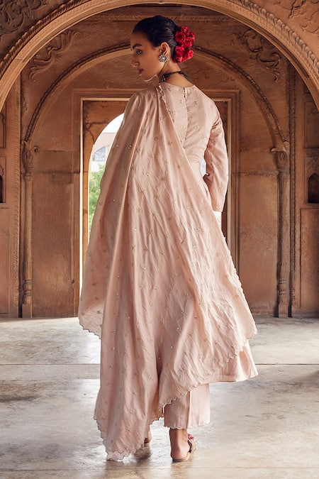 Shop Seema Nanda Pink Chanderi Silk, Cotton, Tulle Laiqa Floral Thread Anarkali Pant Set at Aza Fashions Shop_Seema Nanda_Pink Chanderi Silk, Cotton, Tulle Laiqa Floral Thread Anarkali Pant Set _at_Aza_Fashions