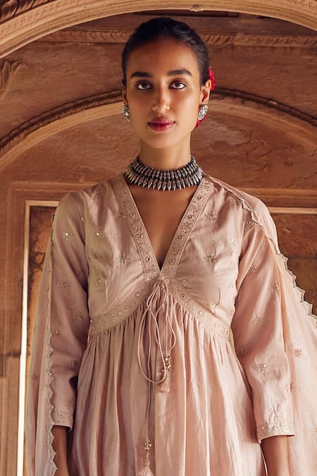 Seema Nanda Pink Chanderi Silk, Cotton, Tulle Laiqa Floral Thread Anarkali Pant Set Online at Aza Fashions Seema Nanda_Pink Chanderi Silk, Cotton, Tulle Laiqa Floral Thread Anarkali Pant Set _Online_at_Aza_Fashions