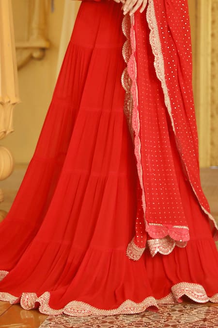 Shop_LABEL AISHWARYRIKA_Red Georgette Embroidery Fire Ruby Chikankari Blouse Lehenga Set _Online_at_Aza_Fashions