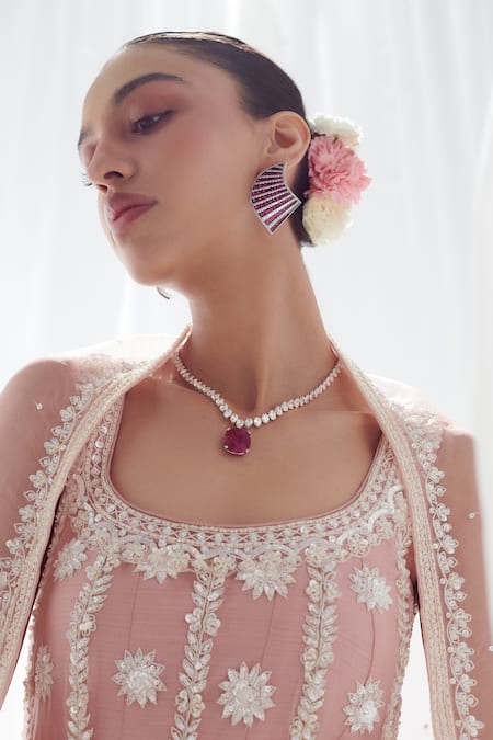 SUHINO_Pink Net, Lycra, Organza Sequins, Embroidery Round Neck Anarkali Set _Online_at_Aza_Fashions