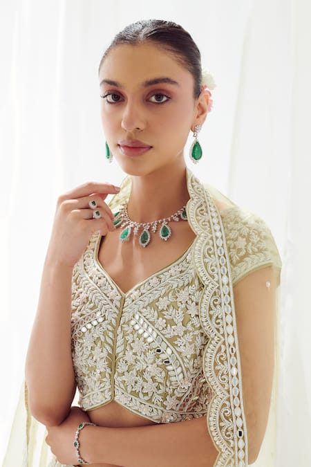 SUHINO_Green Organza, Net Pearls, Sequins, Mirrors Resham And Embroidered Lehenga Set _Online_at_Aza_Fashions