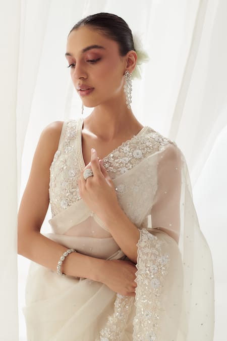 SUHINO_White Organza, Satin Pearls, Sequins, Embroidery Floral Saree With Blouse _Online_at_Aza_Fashions