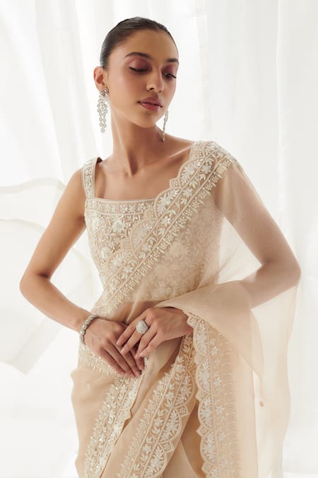 Buy_SUHINO_Beige Organza, Satin Embroidery, Pearls, Floral Cutwork Saree With Blouse _Online_at_Aza_Fashions