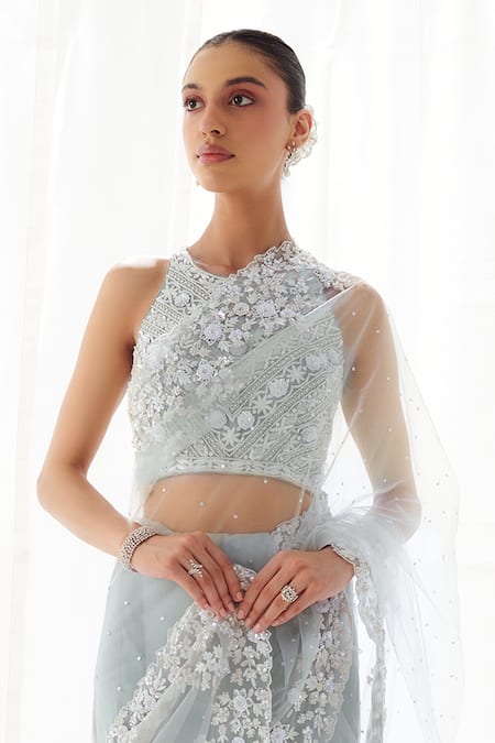 Buy_SUHINO_Grey Silk, Net, Satin Mirrors, Pearls, Floral Cutwork Saree With Blouse _Online_at_Aza_Fashions