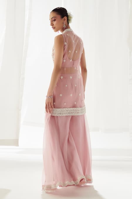 SUHINO_Pink Net, Organza, Silk Pearls, Sequins, Embroidery Resham And Kurta Sharara Set _Online_at_Aza_Fashions