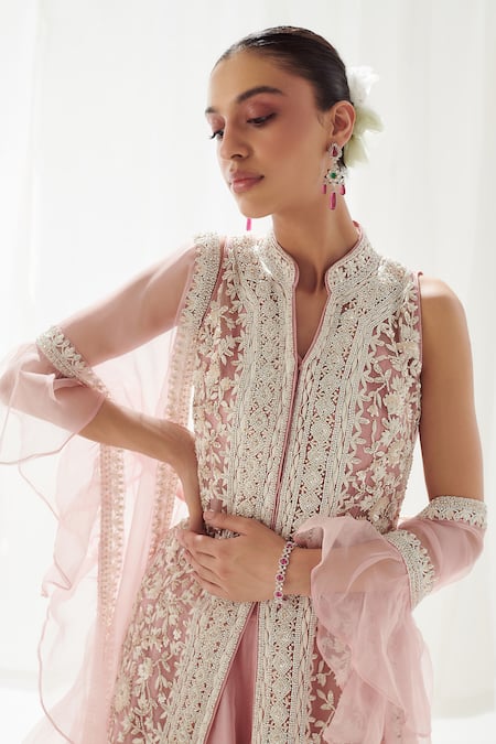 Buy_SUHINO_Pink Net, Organza, Silk Pearls, Sequins, Embroidery Resham And Kurta Sharara Set _Online_at_Aza_Fashions