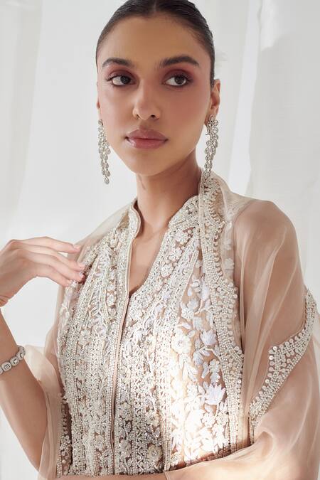 SUHINO_Beige Net, Organza, Silk Pearls, Sequins Embroidered Short Kurta Sharara Set _Online_at_Aza_Fashions