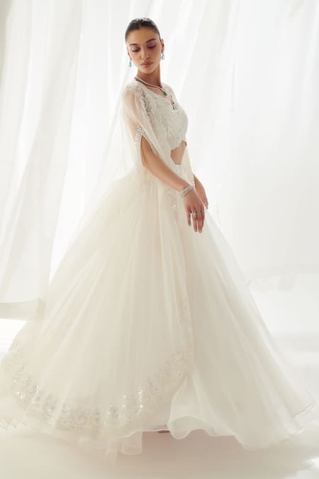 SUHINO_White Organza Pearls, Sequins V-neck Embroidered Cape Lehenga Set _Online_at_Aza_Fashions
