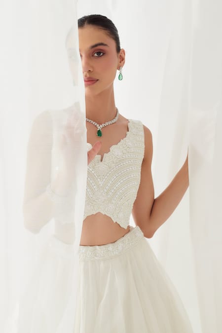 Buy_SUHINO_White Organza Pearls, Sequins V-neck Embroidered Cape Lehenga Set _Online_at_Aza_Fashions