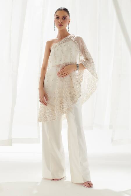 Buy SUHINO White Silk Pearls, Sequins One Shoulder Embroidered Cape Pant Set at Aza Fashions Buy_SUHINO_White Silk Pearls, Sequins One Shoulder Embroidered Cape Pant Set_at_Aza_Fashions