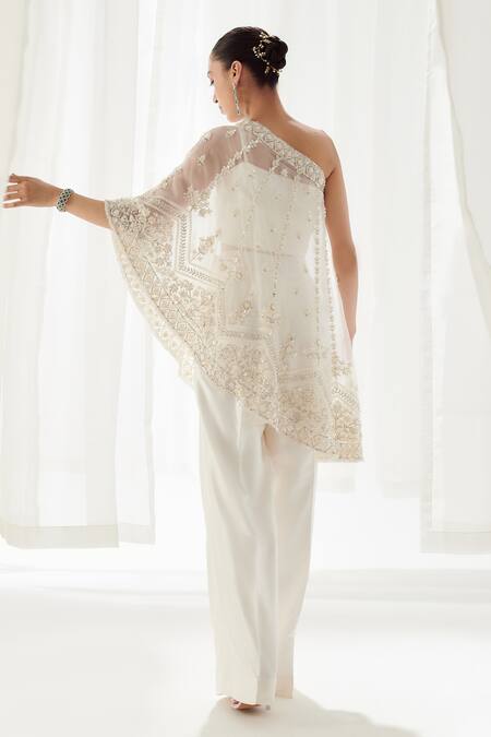 Shop SUHINO White Silk Pearls, Sequins One Shoulder Embroidered Cape Pant Set at Aza Fashions Shop_SUHINO_White Silk Pearls, Sequins One Shoulder Embroidered Cape Pant Set_at_Aza_Fashions