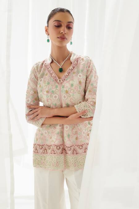 SUHINO_White Organza, Silk Pearls, Sequins Collared Embroidered Shirt Pant Set _Online_at_Aza_Fashions