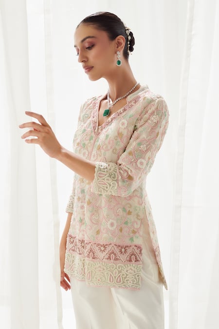 Buy_SUHINO_White Organza, Silk Pearls, Sequins Collared Embroidered Shirt Pant Set _Online_at_Aza_Fashions