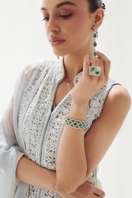 SUHINO_Grey Net, Organza, Silk Pearls, Sequins, Resham And Kurta Sharara Set _Online_at_Aza_Fashions