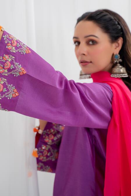 Buy Rashi Jain Purple Chanderi, Chiffon Tassels, Pom-poms Parinaz Straight Kurta Pant Set Online at Aza Fashions Buy_Rashi Jain_Purple Chanderi, Chiffon Tassels, Pom-poms Parinaz Straight Kurta Pant Set _Online_at_Aza_Fashions