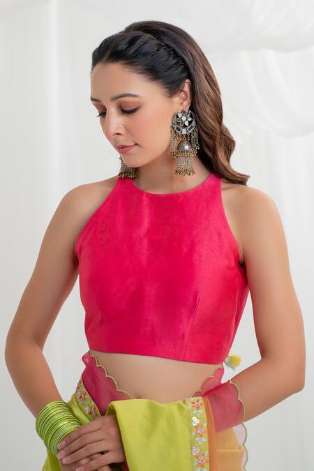 Buy_Rashi Jain_Green Chanderi Embroidery, Tassels Halter Neck Inaya Saree With Blouse _Online_at_Aza_Fashions