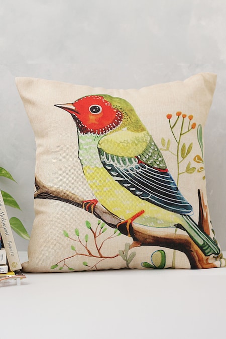 H2H Brown Cotton Satin Printed Bird Cushion Cover Single Pc