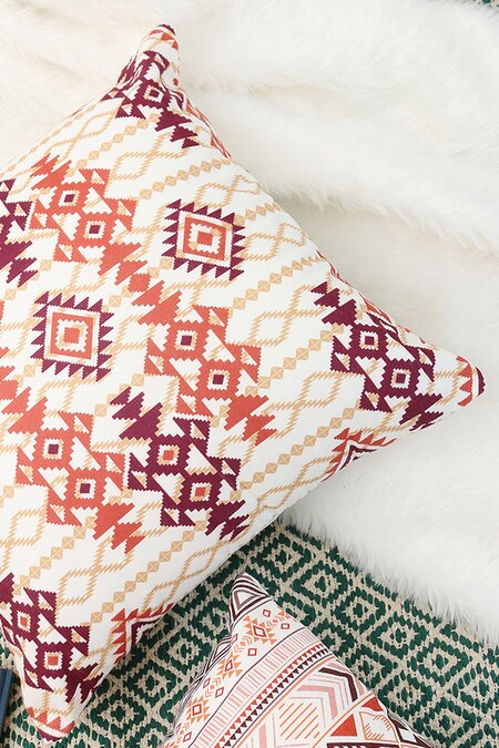 H2H White Cotton Satin Printed Aztec Cushion Cover Single Pc