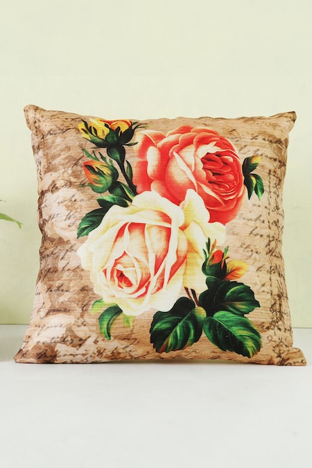 H2H Beige Cotton Satin Printed Floral Cushion Cover Single Pc