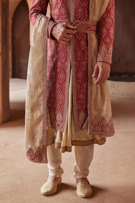Nitika Gujral_Red Silk, Tussar, Mohair Peacock Feather Motif Sherwani Churidar Set _Online_at_Aza_Fashions