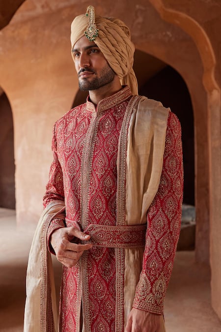 Buy_Nitika Gujral_Red Silk, Tussar, Mohair Peacock Feather Motif Sherwani Churidar Set _Online_at_Aza_Fashions