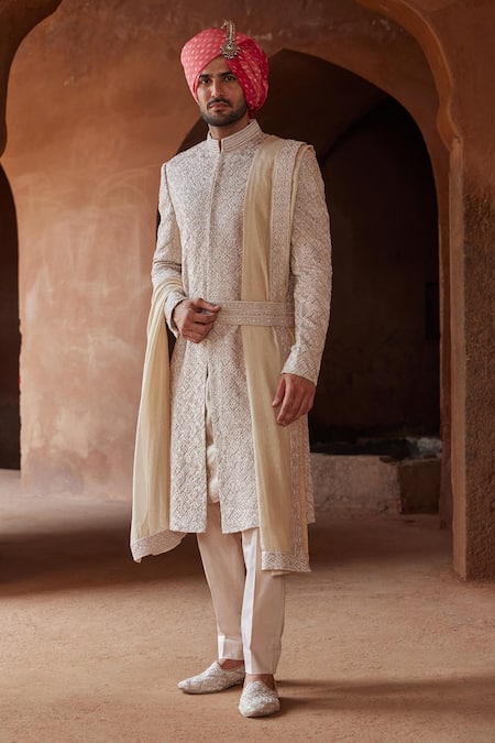 Nitika Gujral Beige Silk, Cotton, Mohair Resham And Thread Embroidered Sherwani Trouser Set Online at Aza Fashions Nitika Gujral_Beige Silk, Cotton, Mohair Resham And Thread Embroidered Sherwani Trouser Set _Online_at_Aza_Fashions