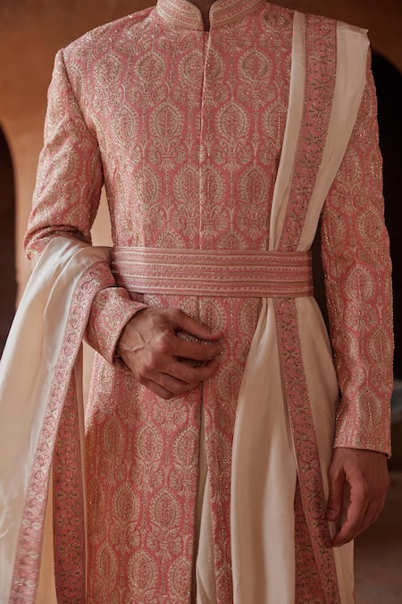 Shop Nitika Gujral Peach Mohair, Silk, Cotton, Lycra Embroidery, Beads Resham Sherwani Trouser Set Online at Aza Fashions Shop_Nitika Gujral_Peach Mohair, Silk, Cotton, Lycra Embroidery, Beads Resham Sherwani Trouser Set _Online_at_Aza_Fashions