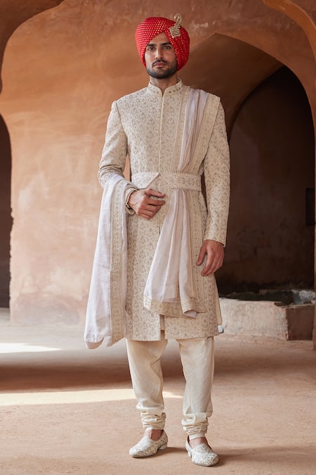 Nitika Gujral Beige Tussar, Silk, Cotton Embroidery Raw Resham Sherwani Churidar Set Online at Aza Fashions Nitika Gujral_Beige Tussar, Silk, Cotton Embroidery Raw Resham Sherwani Churidar Set _Online_at_Aza_Fashions