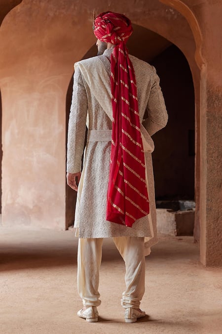 Shop Nitika Gujral Cream Silk, Tussar, Mohair Embroidery, Beads Raw Sherwani With Kurta Set at Aza Fashions Shop_Nitika Gujral_Cream Silk, Tussar, Mohair Embroidery, Beads Raw Sherwani With Kurta Set _at_Aza_Fashions