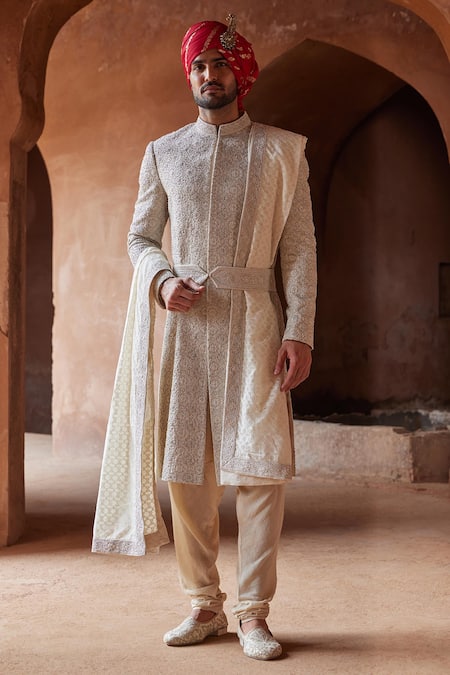 Nitika Gujral Cream Silk, Tussar, Mohair Embroidery, Beads Raw Sherwani With Kurta Set Online at Aza Fashions Nitika Gujral_Cream Silk, Tussar, Mohair Embroidery, Beads Raw Sherwani With Kurta Set _Online_at_Aza_Fashions