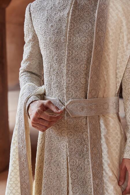 Shop Nitika Gujral Cream Silk, Tussar, Mohair Embroidery, Beads Raw Sherwani With Kurta Set Online at Aza Fashions Shop_Nitika Gujral_Cream Silk, Tussar, Mohair Embroidery, Beads Raw Sherwani With Kurta Set _Online_at_Aza_Fashions