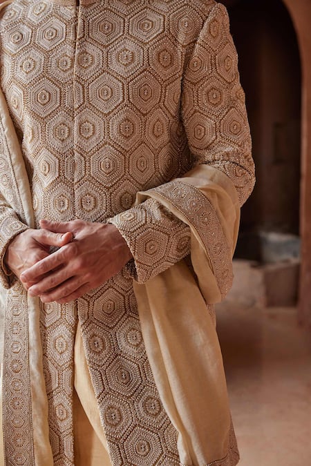 Shop Nitika Gujral Yellow Silk, Mohair Embroidery Geometric Sherwani And Kurta Set Online at Aza Fashions Shop_Nitika Gujral_Yellow Silk, Mohair Embroidery Geometric Sherwani And Kurta Set _Online_at_Aza_Fashions