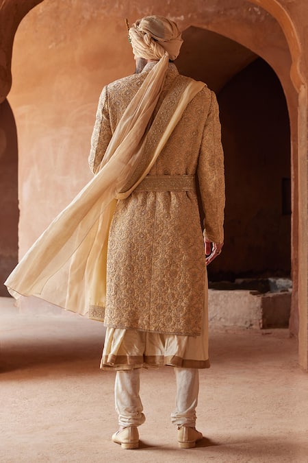 Shop Nitika Gujral Gold Silk, Mohair Embroidery Sherwani With Kalidar Kurta Set at Aza Fashions Shop_Nitika Gujral_Gold Silk, Mohair Embroidery Sherwani With Kalidar Kurta Set _at_Aza_Fashions