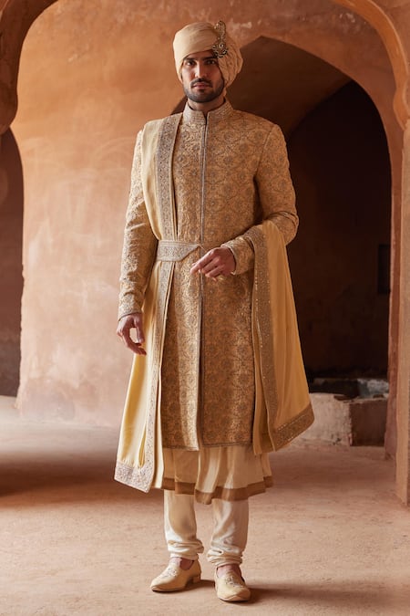 Nitika Gujral Gold Silk, Mohair Embroidery Sherwani With Kalidar Kurta Set Online at Aza Fashions Nitika Gujral_Gold Silk, Mohair Embroidery Sherwani With Kalidar Kurta Set _Online_at_Aza_Fashions