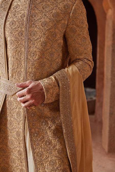 Shop Nitika Gujral Gold Silk, Mohair Embroidery Sherwani With Kalidar Kurta Set Online at Aza Fashions Shop_Nitika Gujral_Gold Silk, Mohair Embroidery Sherwani With Kalidar Kurta Set _Online_at_Aza_Fashions