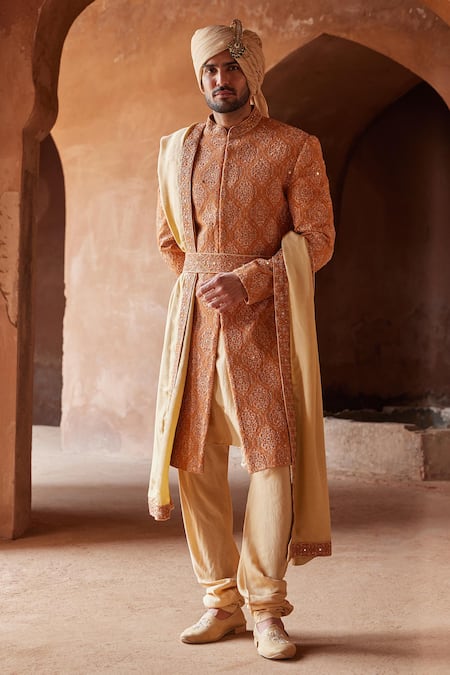 Nitika Gujral_Orange Silk, Tussar, Modal Mirrors, Diamonds, Floral Jaal Sherwani And Kurta Set _Online_at_Aza_Fashions