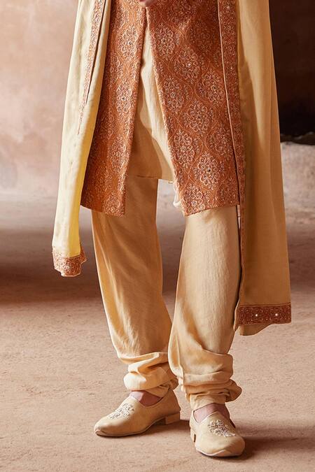 Buy_Nitika Gujral_Orange Silk, Tussar, Modal Mirrors, Diamonds, Floral Jaal Sherwani And Kurta Set _Online_at_Aza_Fashions