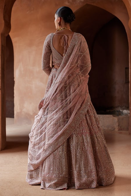 Shop_Nitika Gujral_Pink Net, Satin Crystals, Beads, Sequins, Embroidery Dori Bridal Lehenga Set _at_Aza_Fashions