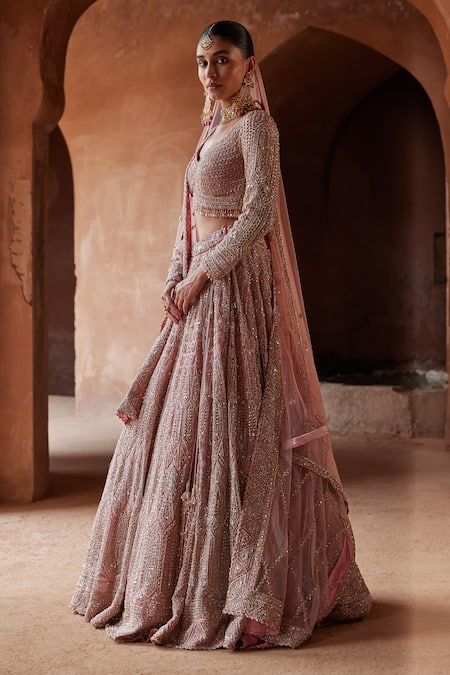 Buy_Nitika Gujral_Pink Net, Satin Crystals, Beads, Sequins, Embroidery Dori Bridal Lehenga Set _Online_at_Aza_Fashions