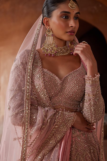 Shop_Nitika Gujral_Pink Net, Satin Crystals, Beads, Sequins, Embroidery Dori Bridal Lehenga Set _Online_at_Aza_Fashions